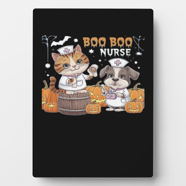 Cute Halloween Nurse Cat and Dog with Pumpkins Cla Fotoplatte (Vorderseite)