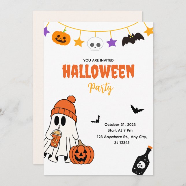 Cute Halloween Party Invitation with Ghost Einladung (Vorne/Hinten)