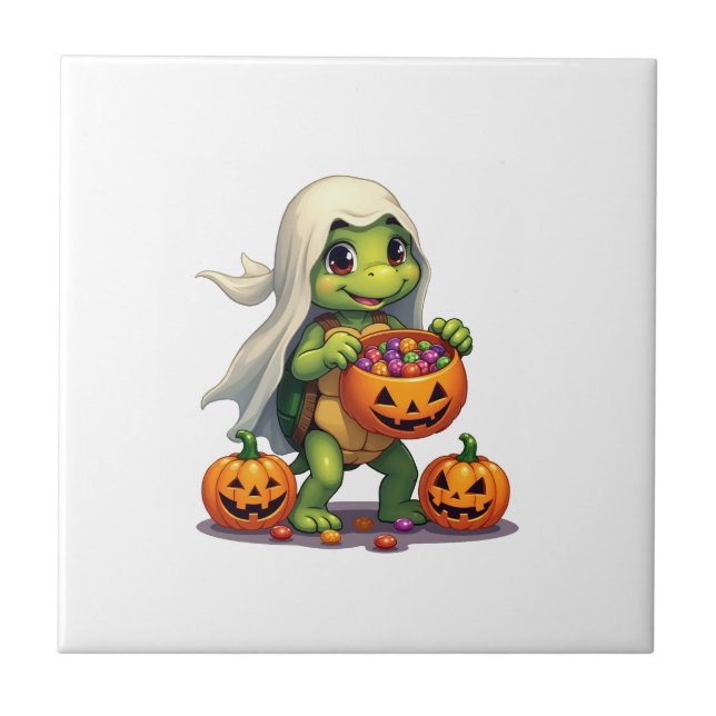 Cute Halloween Turtle Ghost with Candy (8) Fliese (Vorderseite)