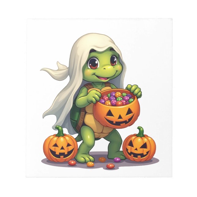 Cute Halloween Turtle Ghost with Candy (8) Notizblock (Vorderseite)