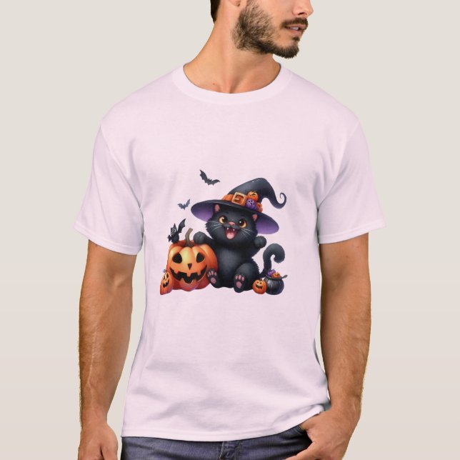 Cute Halloween Witch Cat & Pumpkin Friend  🐾🎃 T-Shirt (Vorderseite)