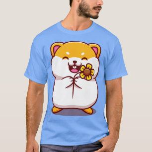 Cute Hamster Holding Sun Flower Cartoon T-Shirt