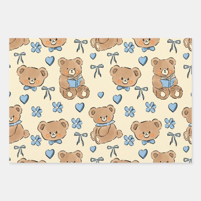 Cute Hand-drawn Brown Teddy Bears Seamless Pattern Geschenkpapier Set (Vorderseite)