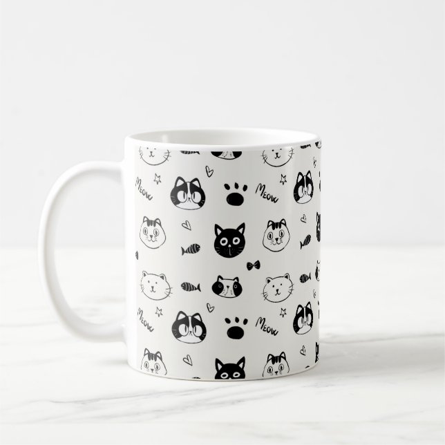 Cute Hand-drawn Cat Faces Doodle Pattern Kaffeetasse (Links)