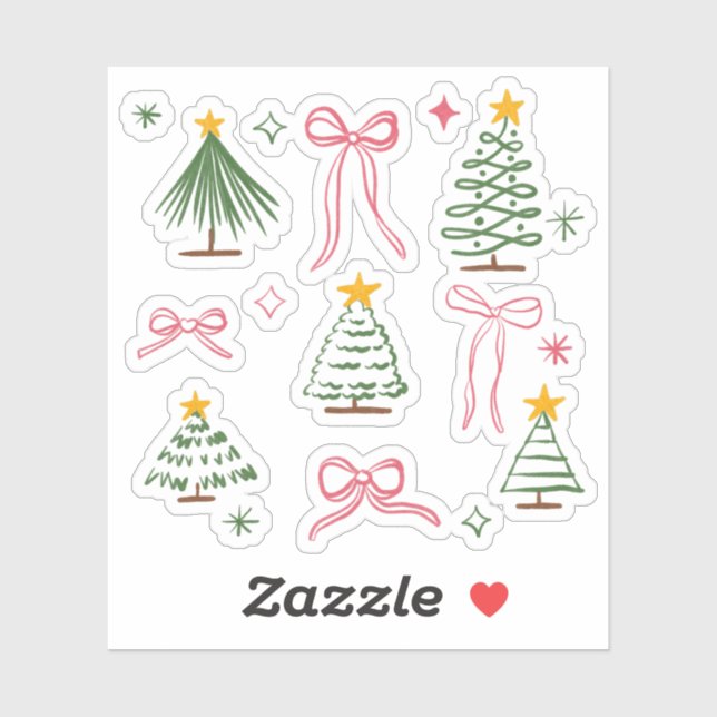 Cute Hand Drawn Christmas Trees and Bows Pattern Aufkleber (Blatt)