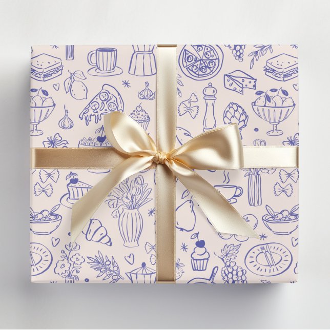 Cute Hand Drawn Italian Food and Flowers Kitchen Geschenkpapier Set (In situ)