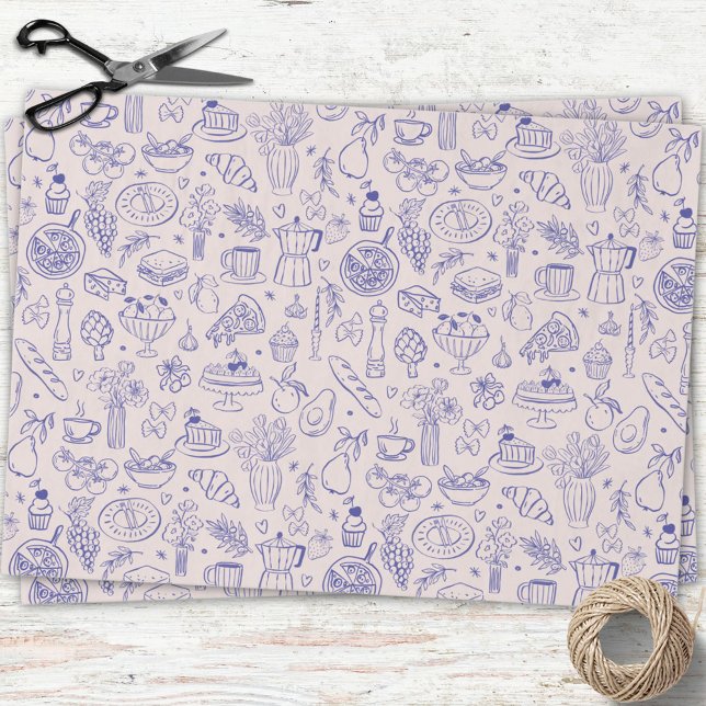 Cute Hand Drawn Italian Food and Flowers Kitchen Seidenpapier (In situ)