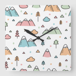 Cute Hand Drawn Mountain Scene Pattern Quadratische Wanduhr
