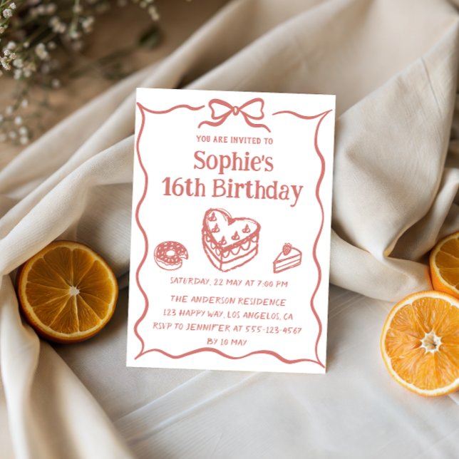 Cute Hand-Drawn Sweets & Ribbon Sweet 16 Birthday Einladung (Von Creator hochgeladen)