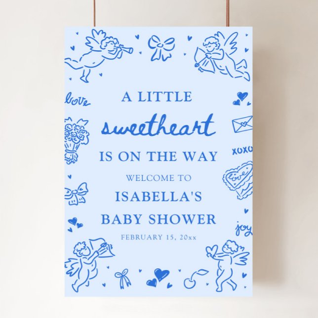 Cute Hand Drawn Valentine Baby Shower Welcome Sign Poster (Blue Hand Drawn Valentine Baby Shower Welcome Sign)