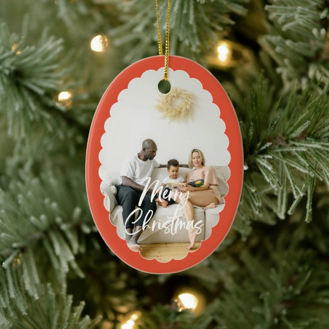 Cute Handwritten Script Merry Christmas 2 Photo Keramik Ornament (Baum)