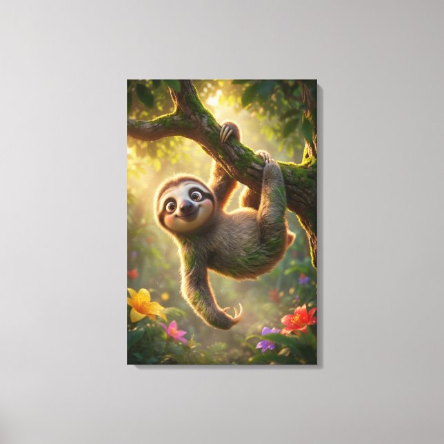 Cute Hanging Sloth 3D Cartoon Jungle Canvas Print Leinwanddruck (Vorderseite)