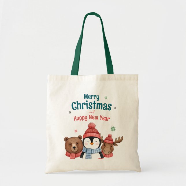 Cute Happy Animal Watercolor Christmas  Tragetasche (Vorne)