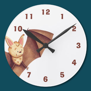 Cute Happy Bat Cartoon Nursery Brown Runde Wanduhr