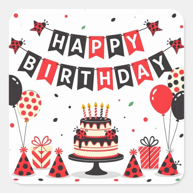 Cute Happy Birthday ladybug theme Quadratischer Aufkleber (Vorderseite)