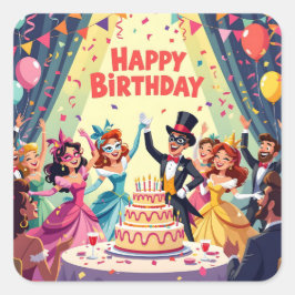 Cute Happy Birthday masquerade theme Quadratischer Aufkleber