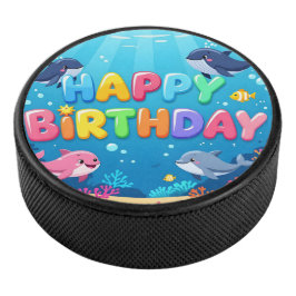 Cute Happy Birthday nautical dolphin Eishockey Puck