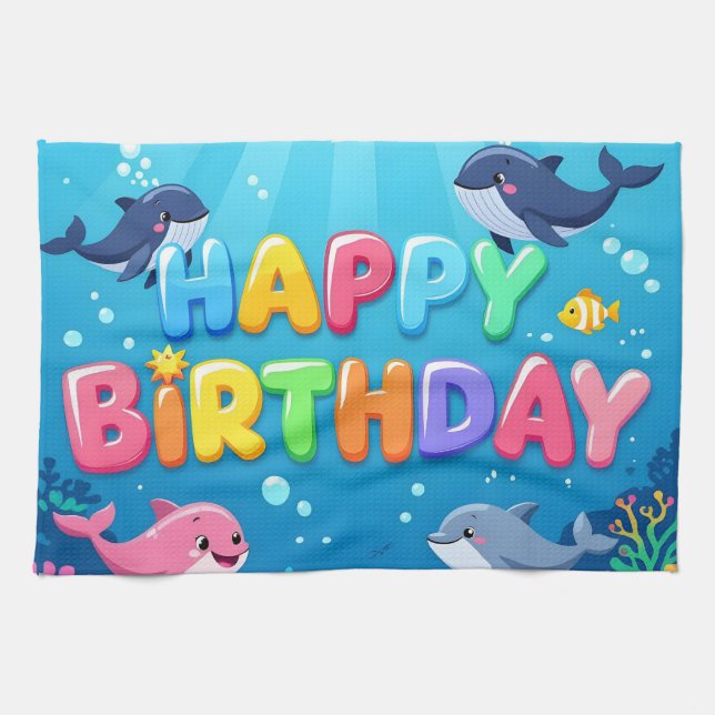 Cute Happy Birthday nautical dolphin Geschirrtuch (Horizontal)