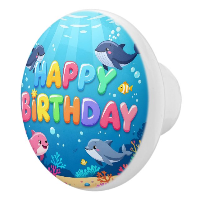 Cute Happy Birthday nautical dolphin Keramikknauf (Rechts)