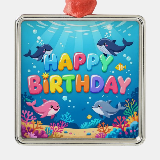 Cute Happy Birthday nautical dolphin Ornament Aus Metall (Vorne)