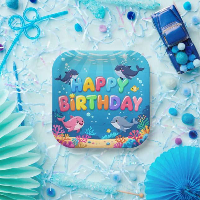 Cute Happy Birthday nautical dolphin Pappteller (Party)