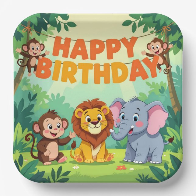 Cute Happy Birthday safari theme Pappteller (Vorderseite)