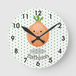 Cute happy brown onion green cartoon illustration runde wanduhr