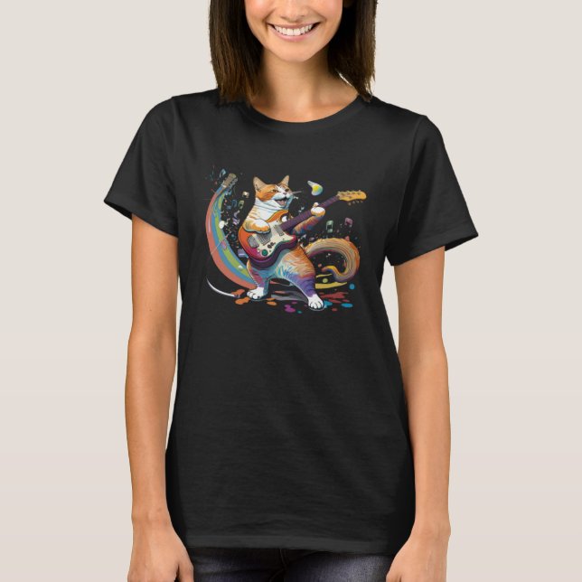 Cute Happy Cat Playing the Guitar T-Shirt (Vorderseite)
