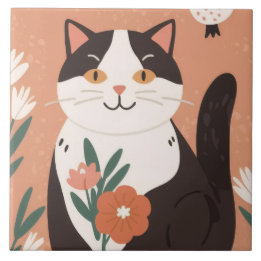 Cute Happy Cat with Spring Flowers  Fliese