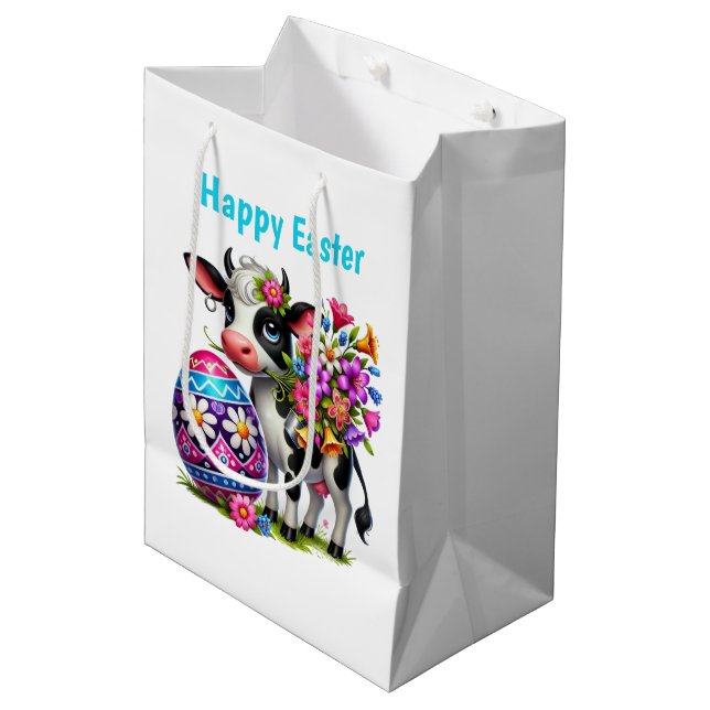 Cute Happy Easter cow customizable Medium  Mittlere Geschenktüte (Vorderseite Schrägansicht)