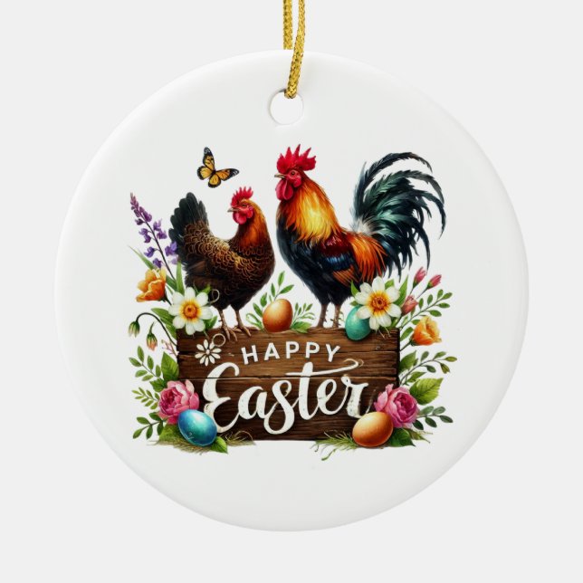 Cute Happy Easter customizable Rooster Keramik Ornament (Vorne)