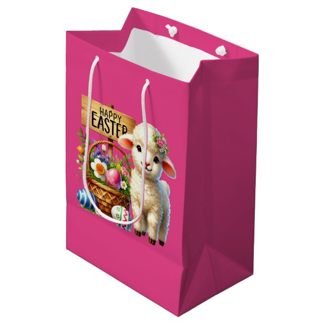 Cute Happy Easter lamb Mittlere Geschenktüte (Vorderseite Schrägansicht)