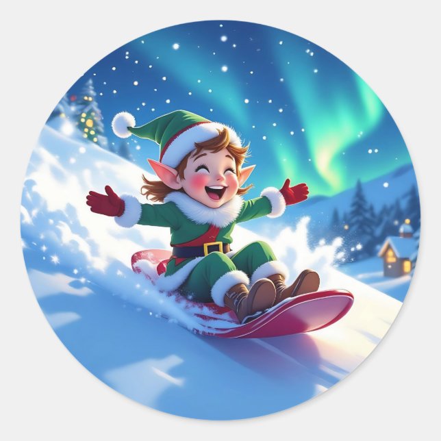 Cute Happy Elf Sledding Christmas Runder Aufkleber (Vorderseite)