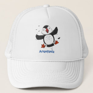 Cute happy flying puffin blue cartoon illustration truckerkappe