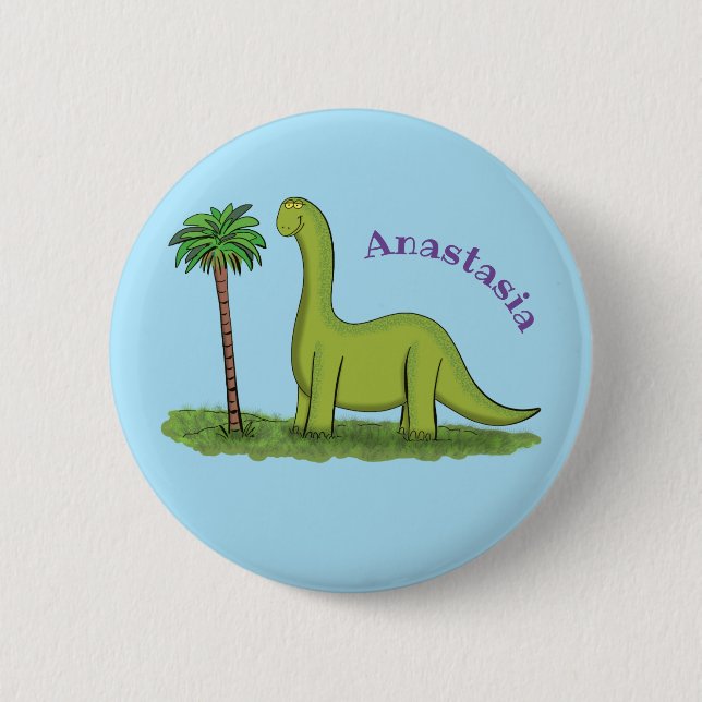 Cute happy green brontosaurus dinosaur cartoon button (Vorderseite)