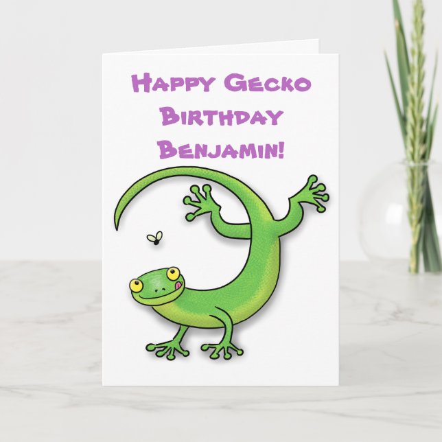 Cute happy green gecko cartoon karte (Vorderseite)