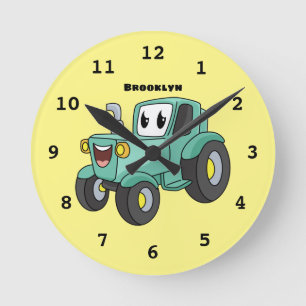 Cute happy green tractor cartoon  runde wanduhr