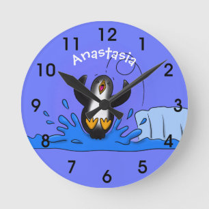 Cute happy jumping penguin cartoon illustration runde wanduhr