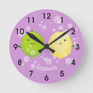 Cute happy lemon lime cartoon illustration runde wanduhr