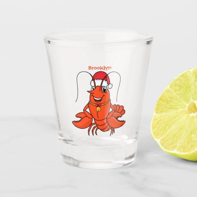 Cute happy lobster wearing Christmas hat cartoon Schnapsglas (Vorderseite)