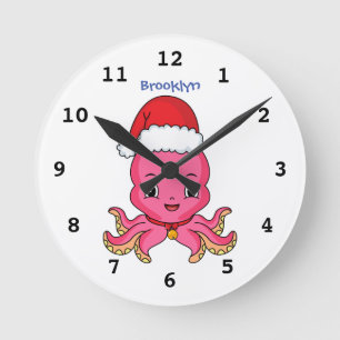 Cute happy octopus wearing Christmas hat cartoon Runde Wanduhr