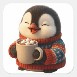 Cute Happy Penguin in Sweater Hot Cocoa Quadratischer Aufkleber