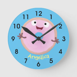 Cute happy pink glazed donut cartoon runde wanduhr