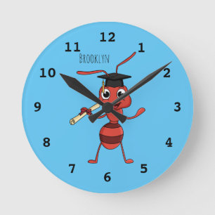 Cute happy red ant cartoon runde wanduhr
