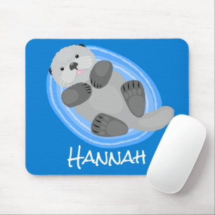 Cute happy sea otter blue cartoon illustration mousepad