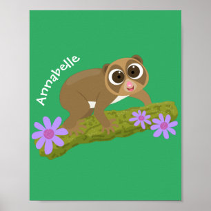 Cute happy slow loris on branch cartoon poster