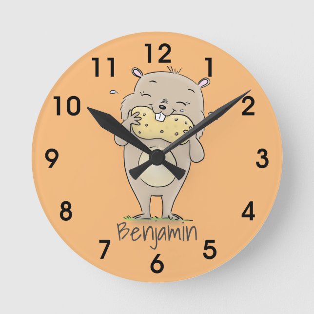 Cute happy smiling hamster with peanut cartoon rou runde wanduhr (Vorderseite)
