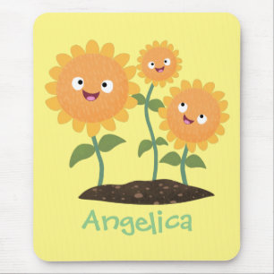 Cute happy sunflowers smiling cartoon illustration mousepad