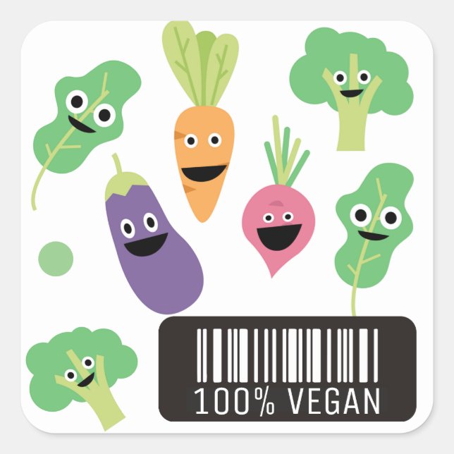 Cute Happy Vegetables 100% Vegan Quadratischer Aufkleber (Vorderseite)