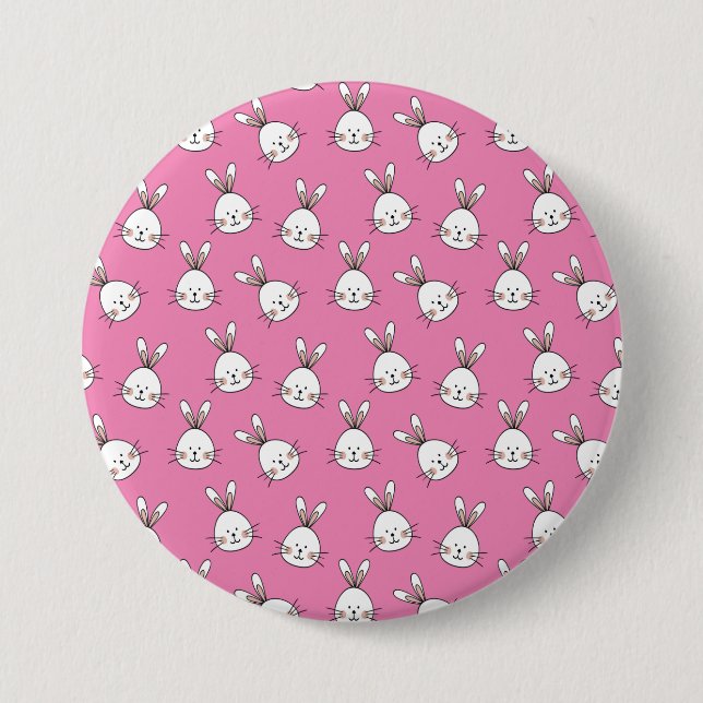 Cute Happy White Easter Bunny on Pink Button (Vorderseite)